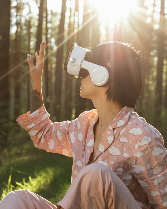 Person using a VR headset outdoors