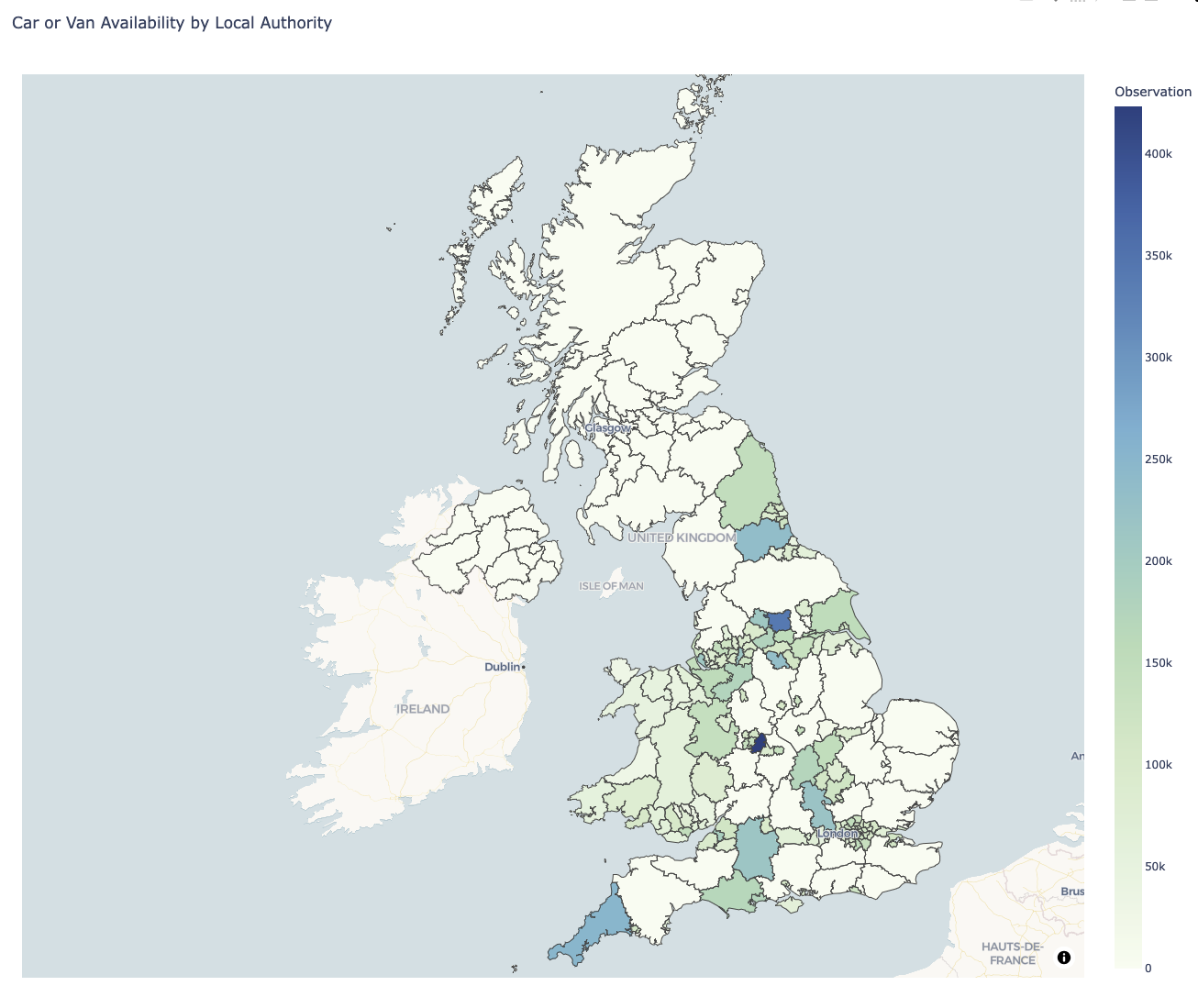 Classic choropleth map. Use colour to show data variation across regions. This simple but effective technique is a staple for showing thematic differences. 🎨. Number of vehicles accessible across the UK