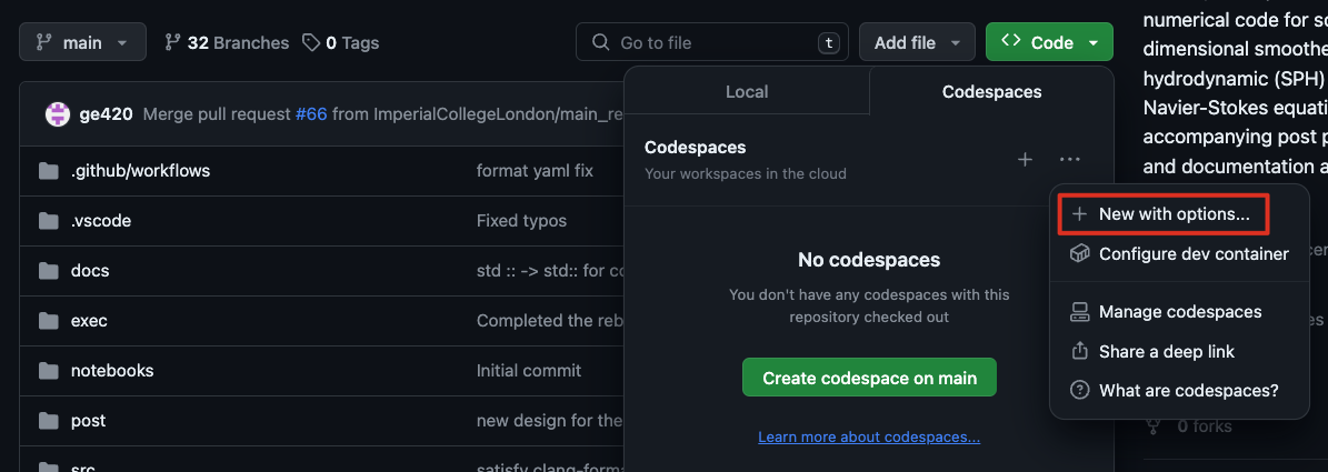 Create new GH Codespace with options