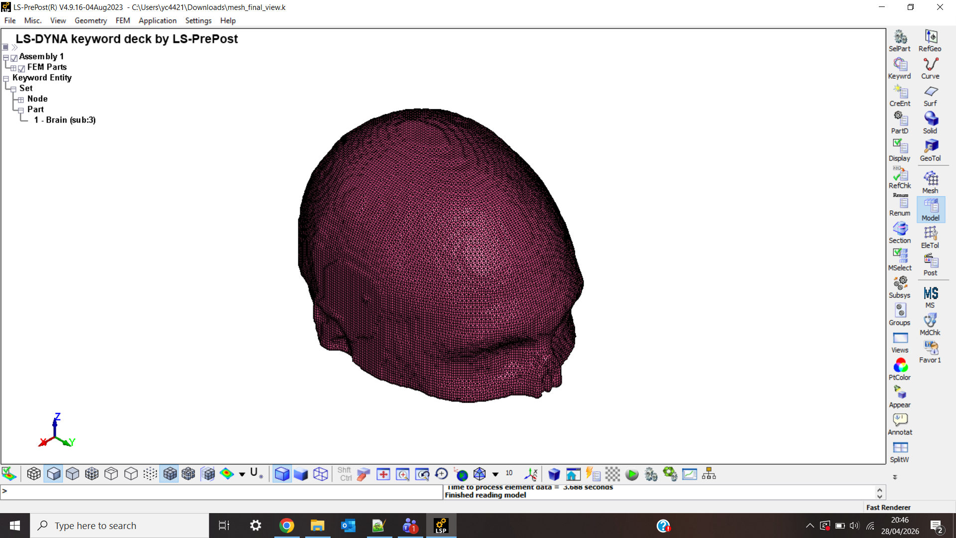LS-PrePost interface after loading the mesh