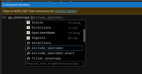 Matlab's autocomplete shows only appropriate options for Envelope