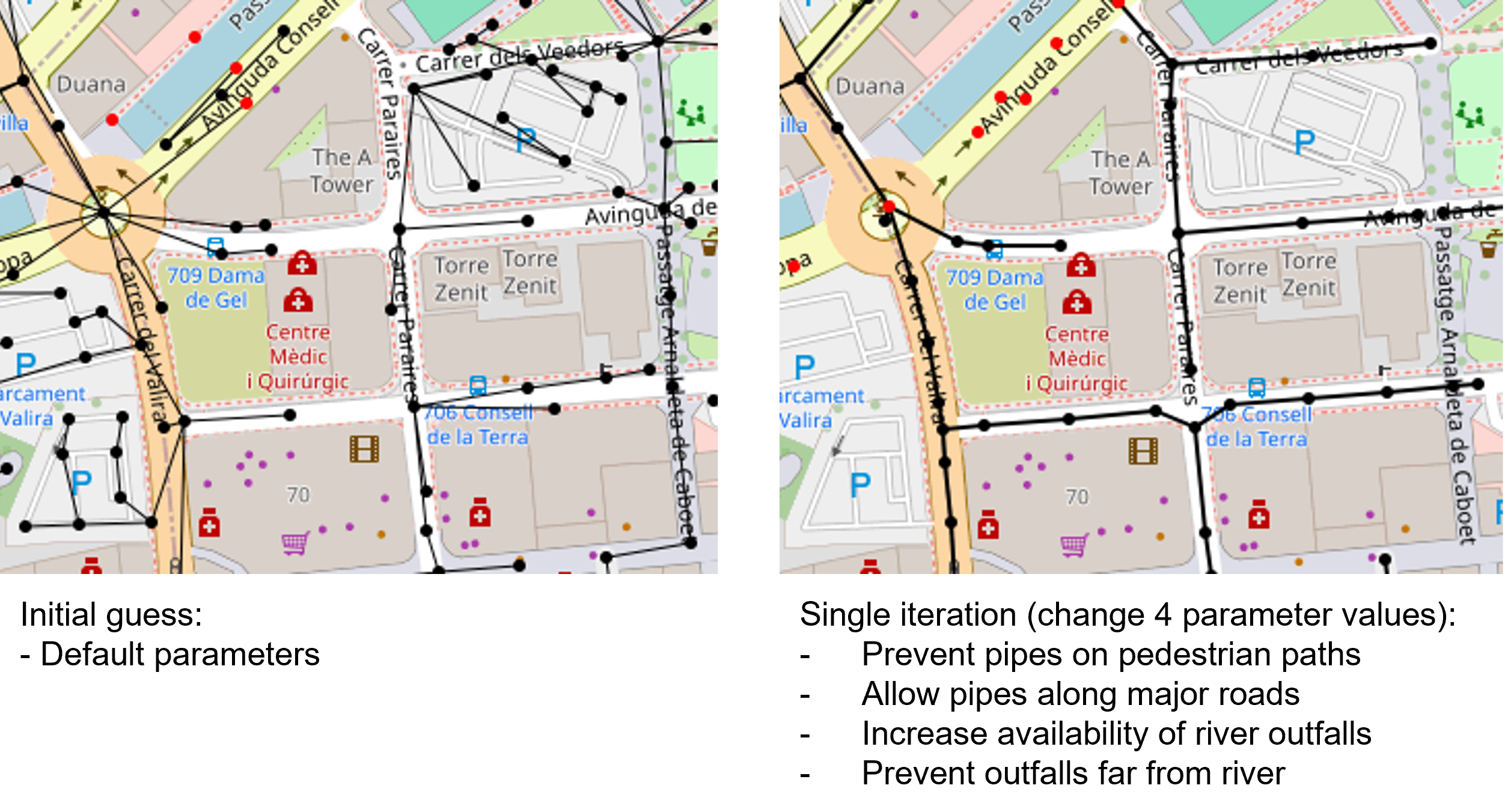 Example of output customisation with SWMManywhere. Black nodes are manholes, black lines are pipes, red nodes are outfalls.\label{fig:fig1}