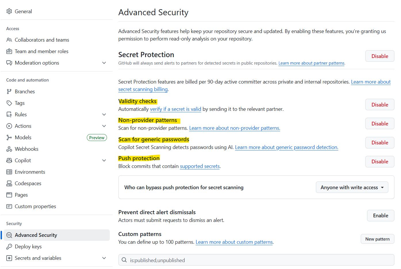 Secret scanning options