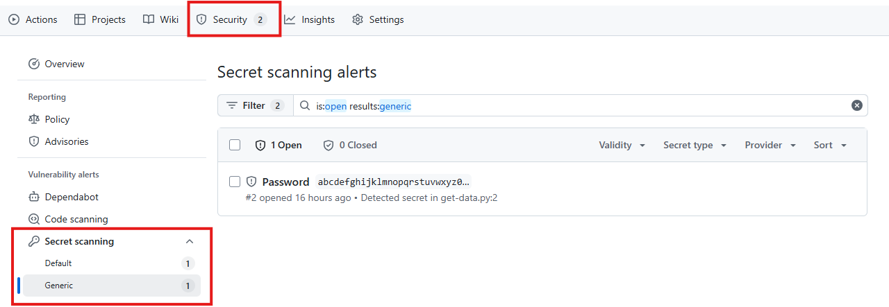 Security secrets tab