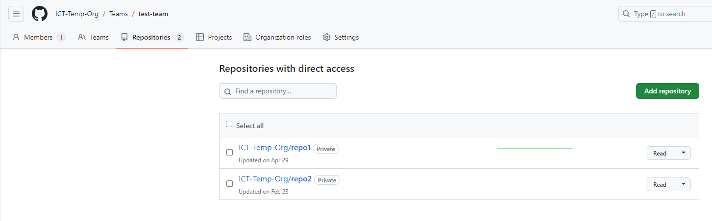 Teams page view in GitHub