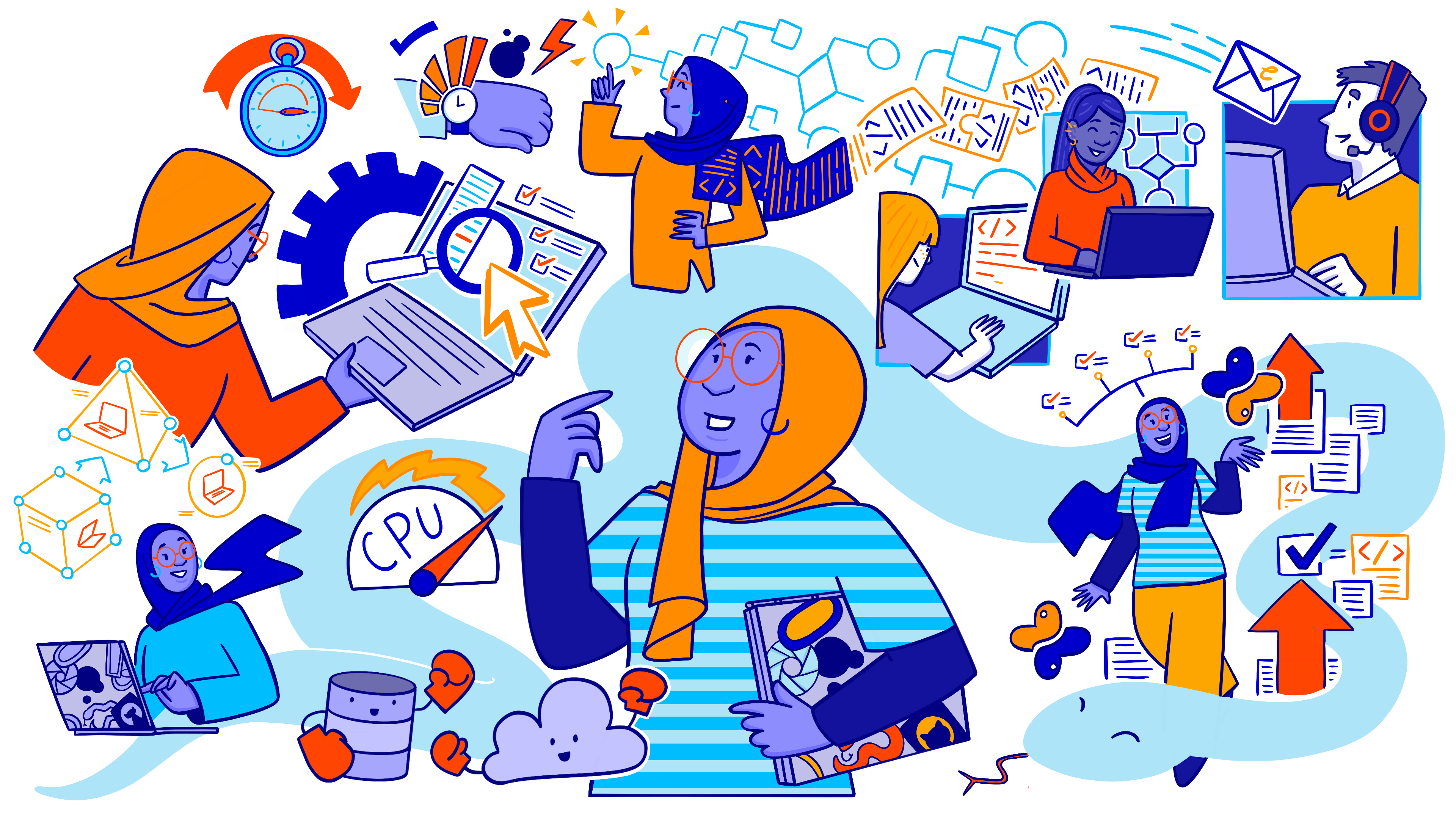 A large banner with multiple components showing Celia working on her research with pictoral representations of code development, computing hardware and data collection.