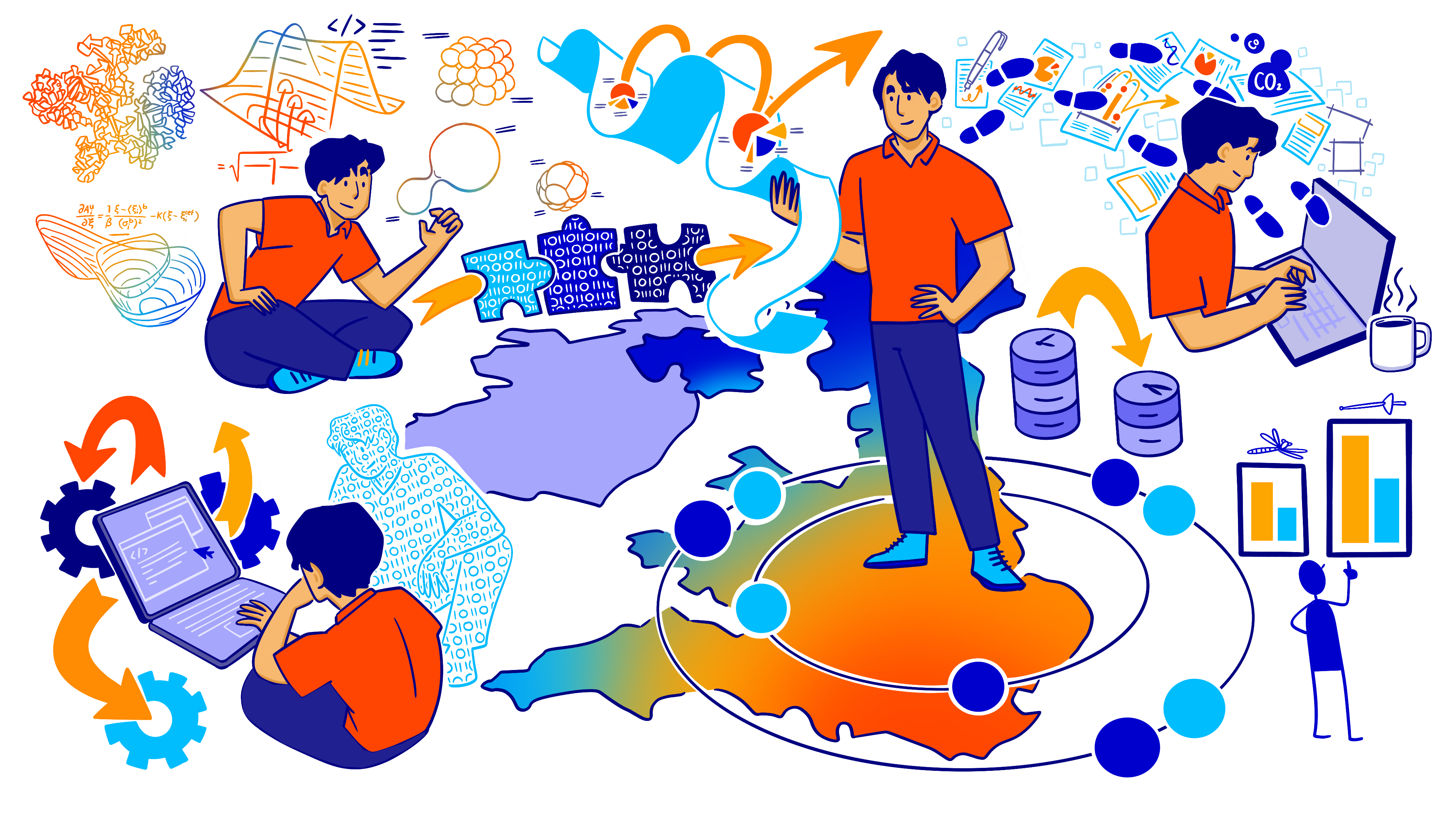 A large banner with multiple components showing Hugh working on his research including pictoral representations of molecules, data and a map of the UK.