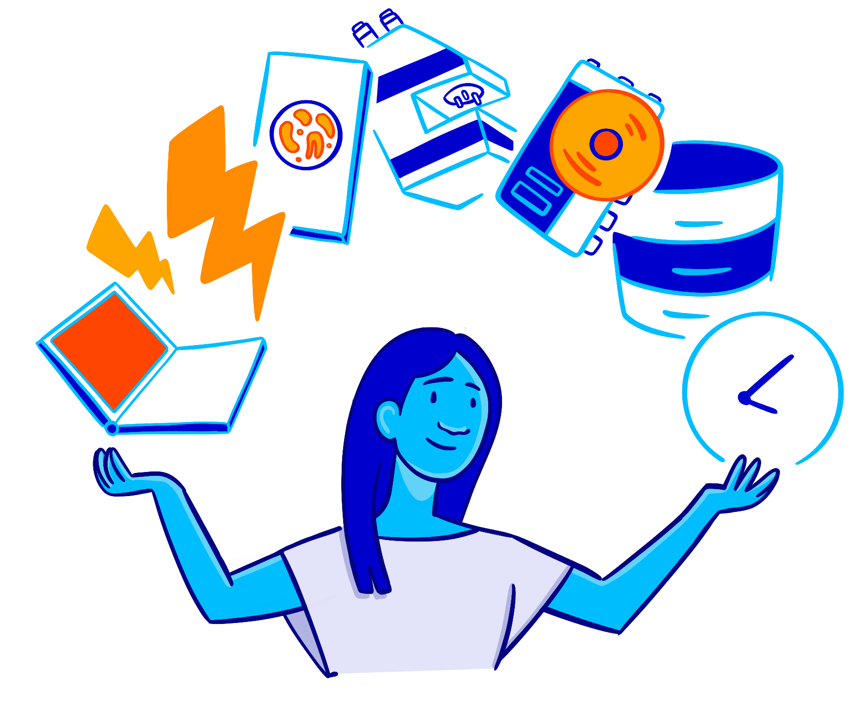 A researcher holding out here arms with various representations of the research process and consumed resources spread above.