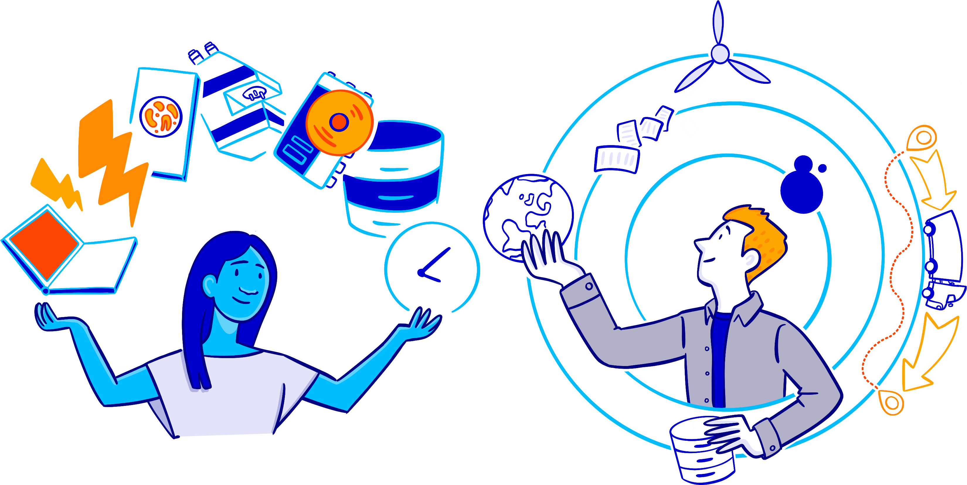 Person thinking on different aspects of digital infrastructure that produce carbon emissions, showing computers, storage devices, data centres and the research activity itself.