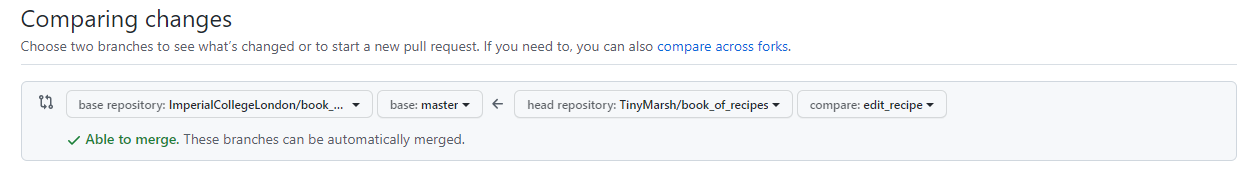 Drop-down menus for choosing the base fork and branch