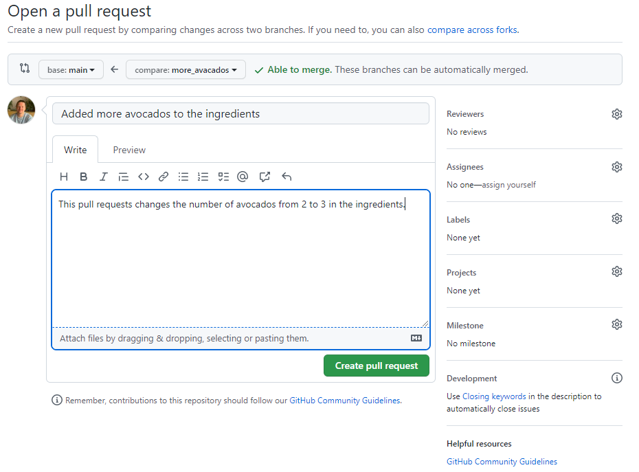 Pull request title and description fields and create pull request button