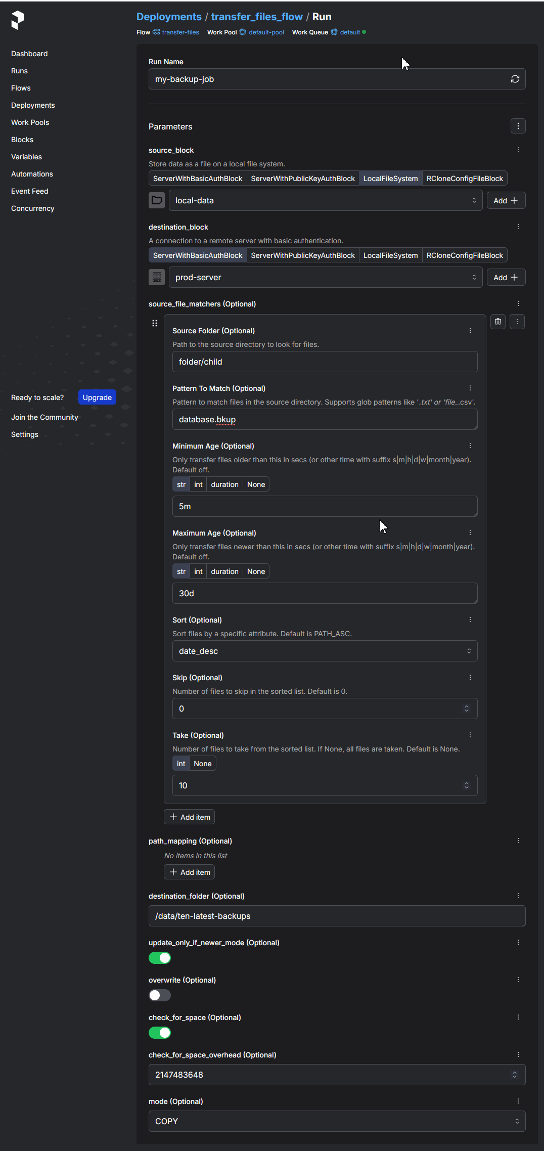 Screenshot of transfer files flow