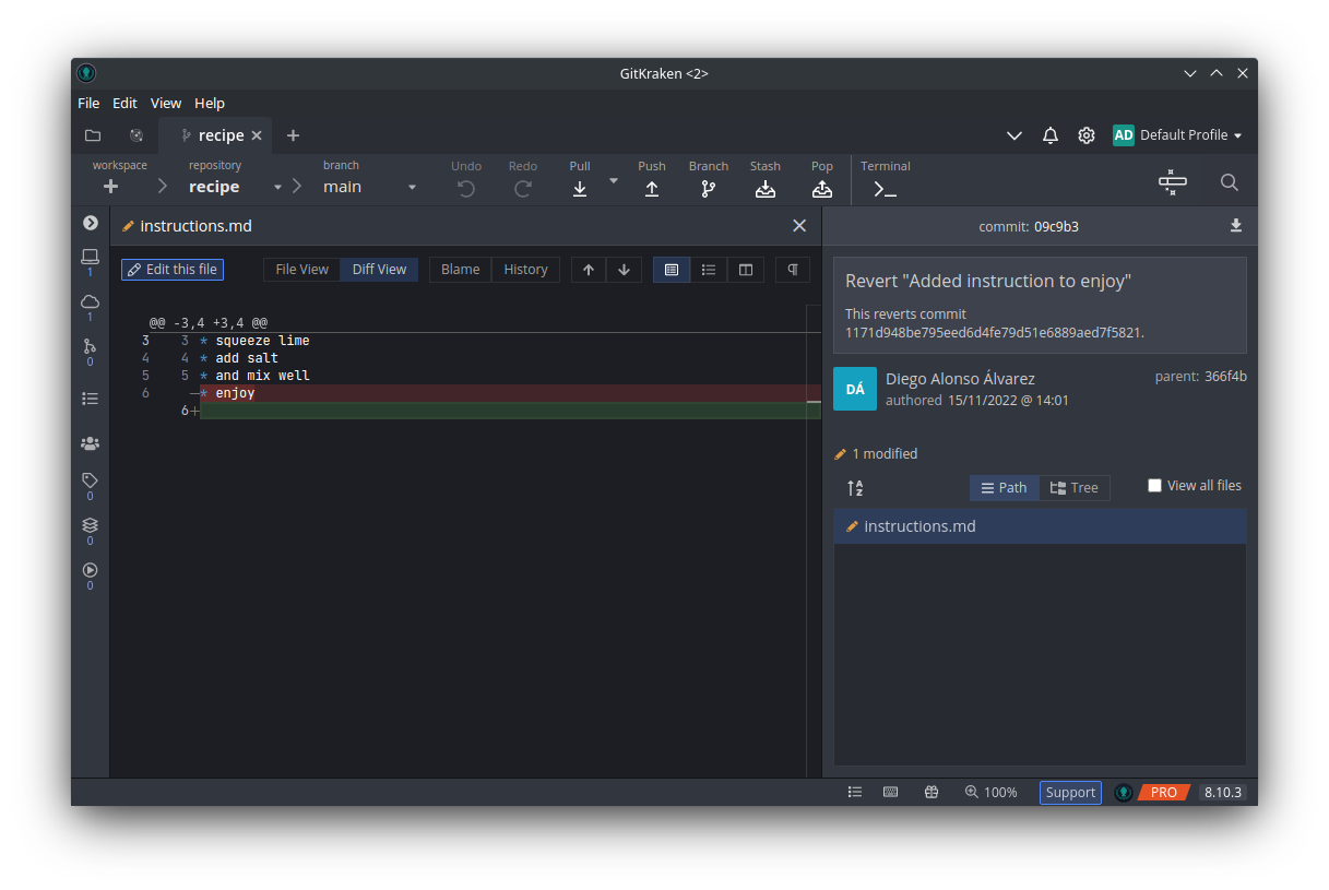 Examining file modifications in GitKraken